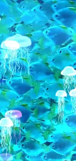 Blue jellyfish wallpaper with serene ocean background.