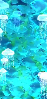 Luminous jellyfish in a vibrant aquatic scene with a blue ocean background.