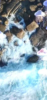 Jellyfish floating over a rocky stream with flowing blue water.