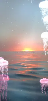 Enchanting sunset ocean scene with jellyfish floating gracefully.