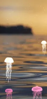 Beautiful sunset with floating jellyfish on a serene ocean backdrop.