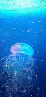 Glowing jellyfish amidst underwater bubbles on a blue background.