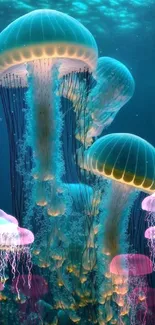 Glowing jellyfish swimming underwater in a serene ocean scene.