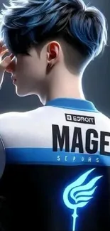 Esports player with blue hair and jersey design.