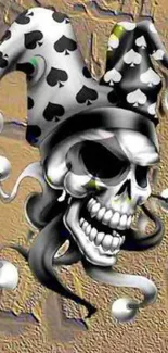 Jester skull wallpaper with a joker hat in a beige backdrop.