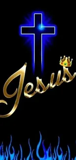 Jesus cross with gold crown and blue flames wallpaper.