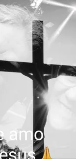 Grayscale image with Jesus cross overlay and 'Te Amo Jesus' message.