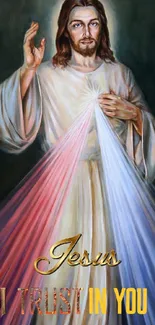 Jesus Divine Mercy with radiant light and trust message.