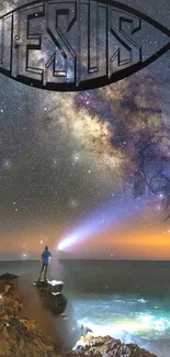 Stunning night sky with Jesus imagery and ocean in mobile wallpaper.