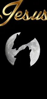 Jesus text over wolves silhouette against a full moon.