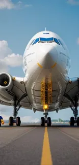 A jet airplane on the runway with a clear blue sky background.