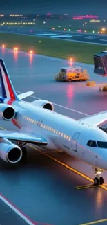 Jet airplane on illuminated runway at night.