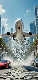 Airplane flying over cars in cityscape with palm trees.