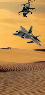 Jet and helicopter over desert with golden sky backdrop.