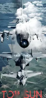 Jet fighter executing aerial maneuvers in the sky with clouds