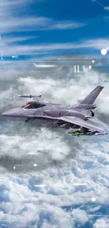 Jet fighter flying through a dramatic cloudy sky with tech overlays.