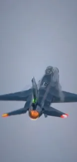 Jet fighter soaring with afterburner flames in clear sky.