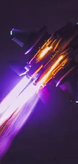 Jet fighter soaring through a neon-lit night sky.