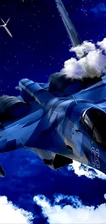 Jet fighter soaring in a starry night sky with clouds.