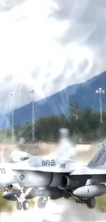 Jet fighter on runway surrounded by mist.