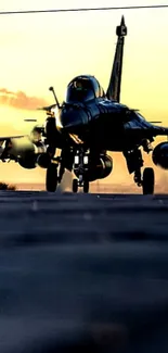 Jet fighter on runway at sunset with a golden sky.