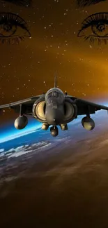 Jet fighter soaring over Earth with cosmic background.