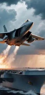 Jet fighter takes off from aircraft carrier at sea during dramatic sunset.