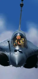 Jet fighter with animated pilot in flight against a blue sky.