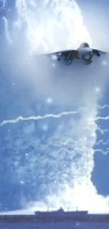 Jet flying over a massive explosion with a deep blue sky background.