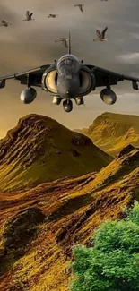 Jet flying over scenic mountain landscape with birds.