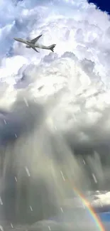 Jet airplane in rainy clouds with rainbow.