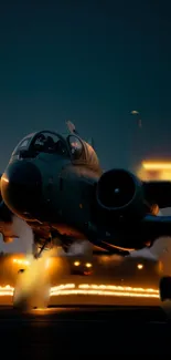 Jet landing at dusk with glowing lights on runway, dark blue sky.