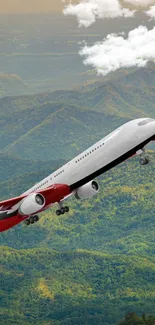 Airplane flying over lush green mountains under a cloudy sky.