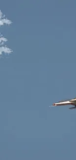 Jet airplane flying in a blue sky with white fluffy clouds.