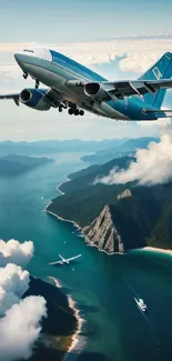 Jet plane soaring over ocean with scenic view.