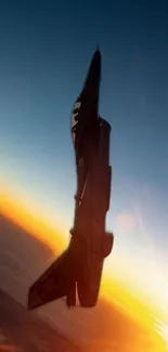 Silhouette of a jet aircraft against a colorful sunset sky.