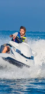 Dynamic jet ski ride on open blue ocean with clear skies.