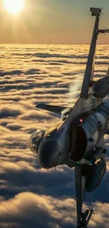 Jet soaring above clouds with a glowing sunset background.