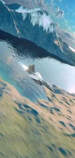 Jet flying over mountains with water reflection.