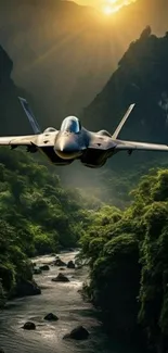 Fighter jet flying over lush green valley at sunset.