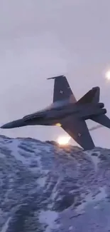 Jet fighter flies over snowy mountains, launching flares.