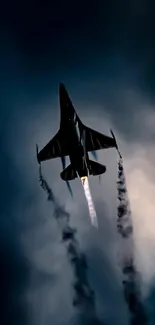 Jet flying through dark cloudy sky, leaving streaks behind.