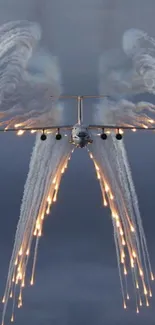 Jet soaring with glowing contrails in a dramatic sky.