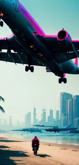 Jetliner flying over a city beach with skyscrapers and palm trees.