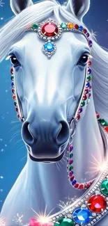 Majestic horse with jewel decorations in a fantasy setting.