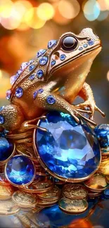 Jewel-encrusted frog sitting on gems and coins in fantasy artwork.