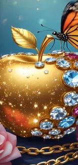 A golden apple adorned with jewels and a butterfly, set among roses.
