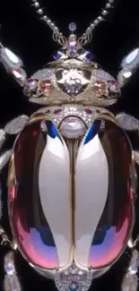 Jeweled beetle with shiny gemstones on a dark background.