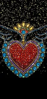 Jeweled heart with wings on a black background, sparkling details.