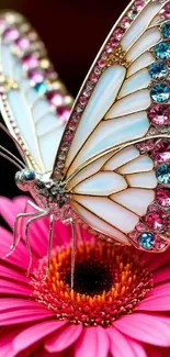 Jewelled butterfly on a pink flower with vibrant colors.
